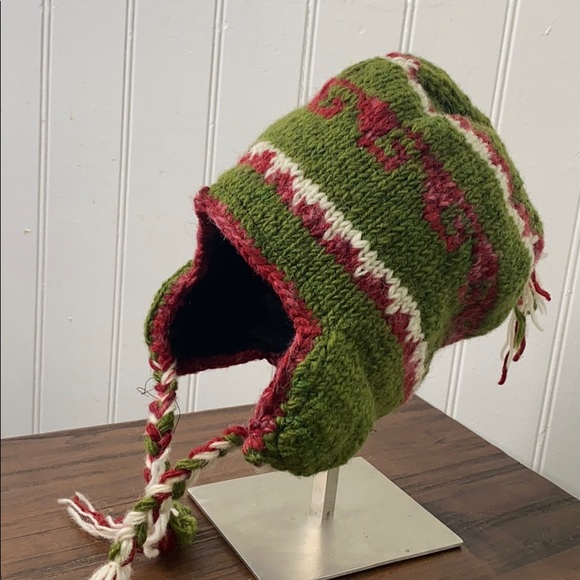 Vintage Green Red 100% Wool Knit Trapper Style Hat - Picture 4 of 9